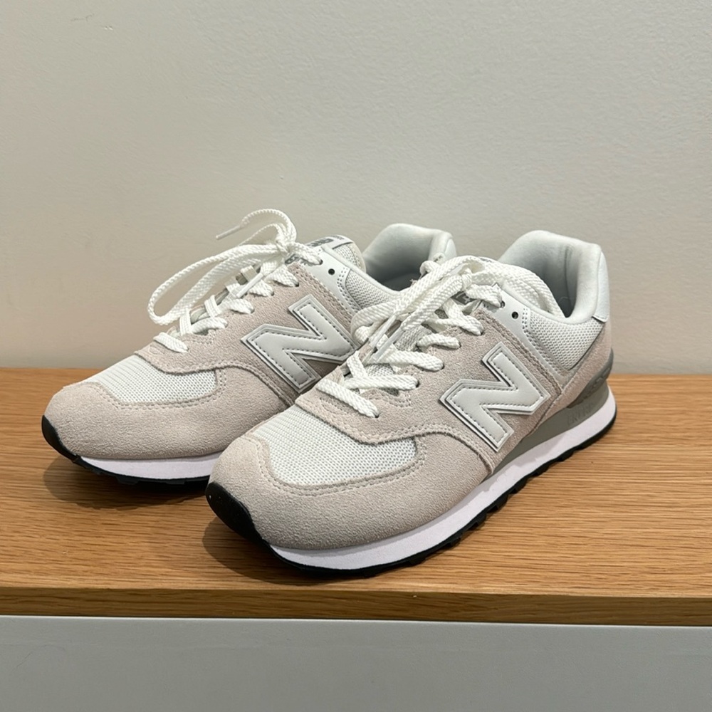 New with box, New Balance 574, men’s size 7.5, off white/white/grey